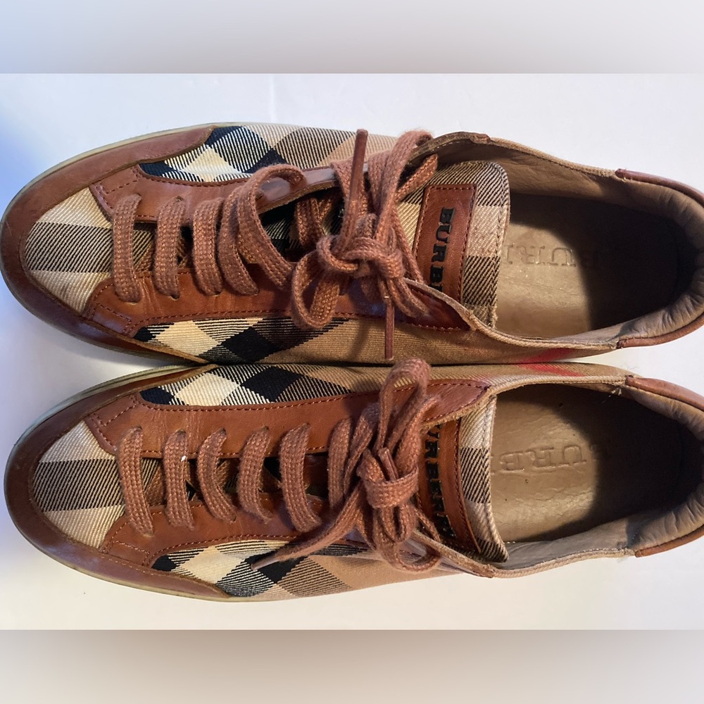 Burberry Brown Tan Check Canvas & Leather Sneakers - Picture 2 of 9